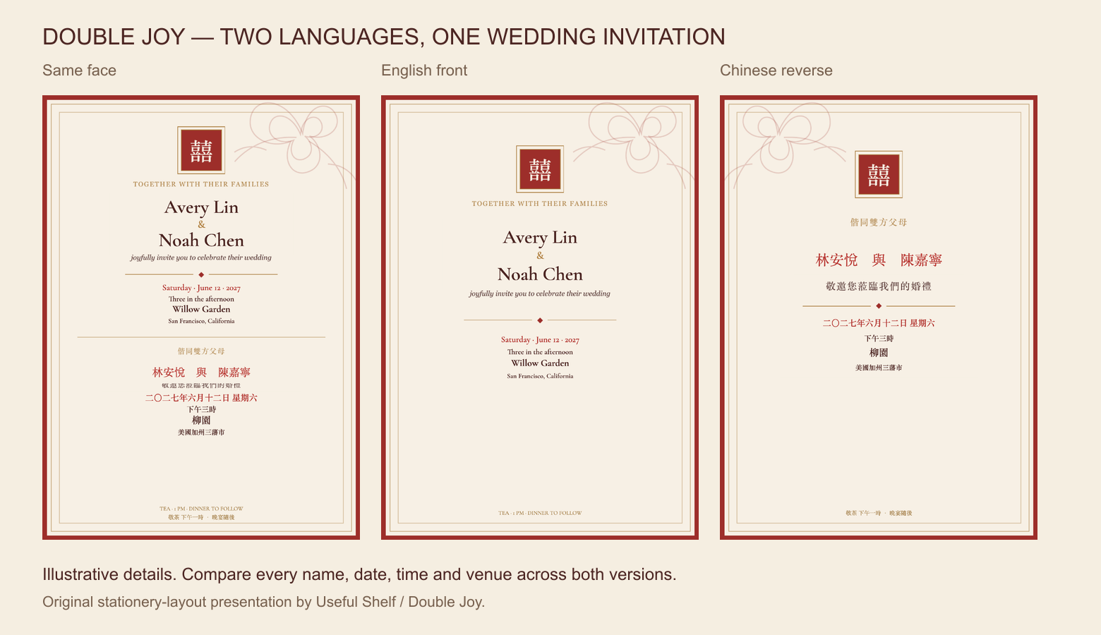 Actual Double Joy samples: English and Chinese on one face, or English front and Chinese reverse